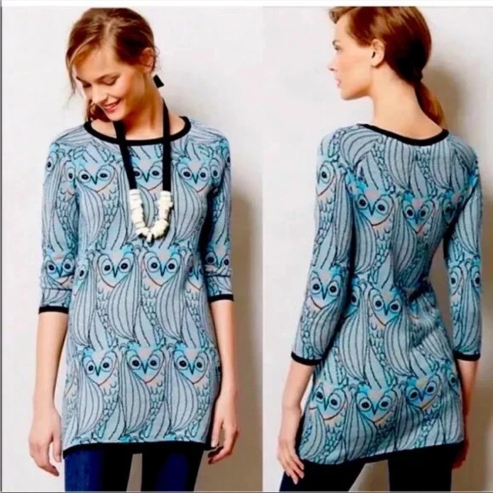 ANTHROPOLOGIE HWR Monogram Whimsical Nestled Owl Tunic Sweater Dress Small